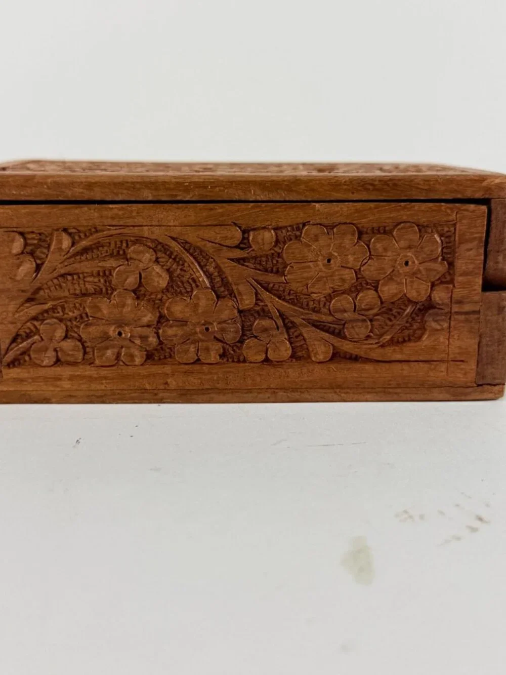 Vintage Hand Carved Wood Jewelry Box Inlaid Floral Design Velvet Lined India